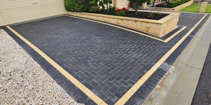 Brick Paver Driveway Charcoal and Oatmeal | Easy Wall Oatmeal with Bullnose Cap | Maxwell Landscapes