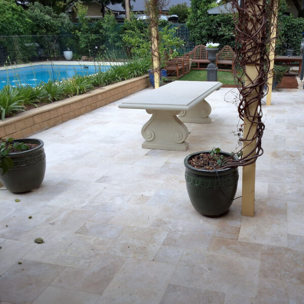 Classic Cream Travertine French Pattern | Precise Landscaping & Earthworths2